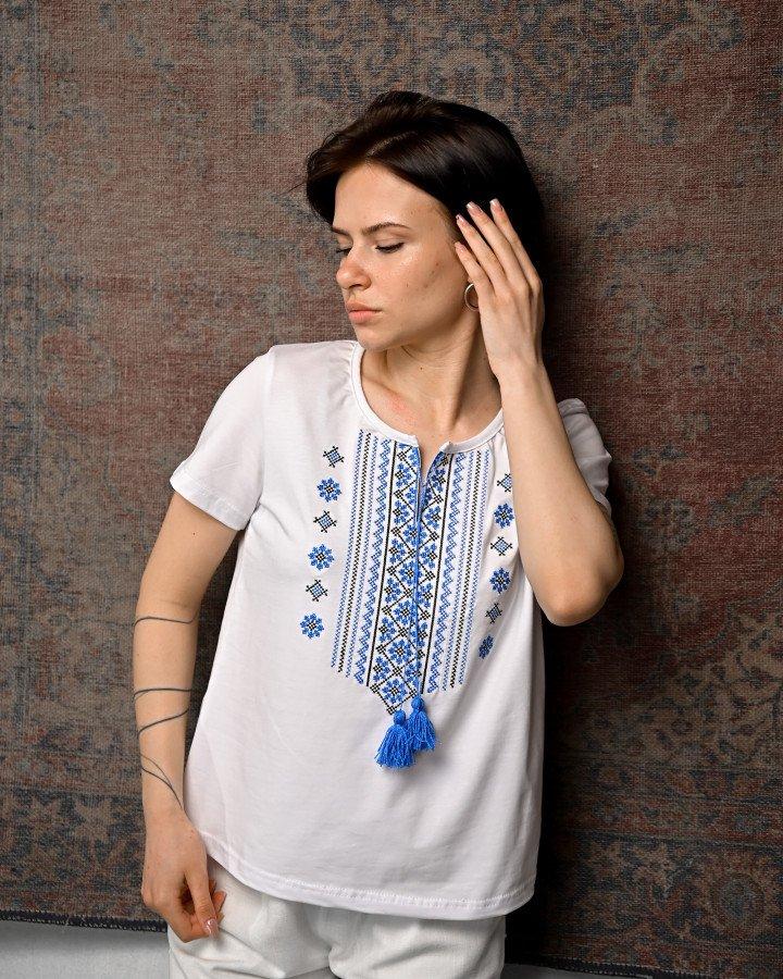 Жіноча футболка вишиванка біло-синя ПП7434, фото 1