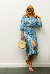 Плаття стильне жіноче літнє легке розкльошене блакитне, бавовна, з квітковим принтом