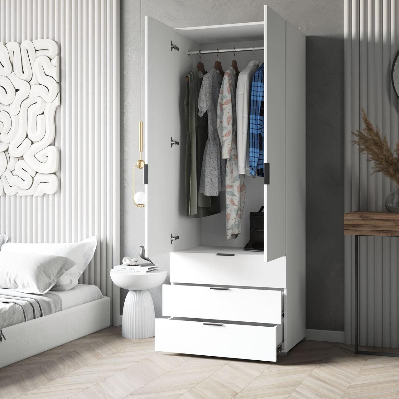 Шафа 2-х стулкова для речей зі штангою та 3 висувними шухлядами з ламінованого ДСП Шафи в передпокій, фото 1