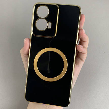 Чохол для Motorola G04 з металевим кільцем MagSafe із золотою рамкою на моторола г04 чорний q08w, фото 1