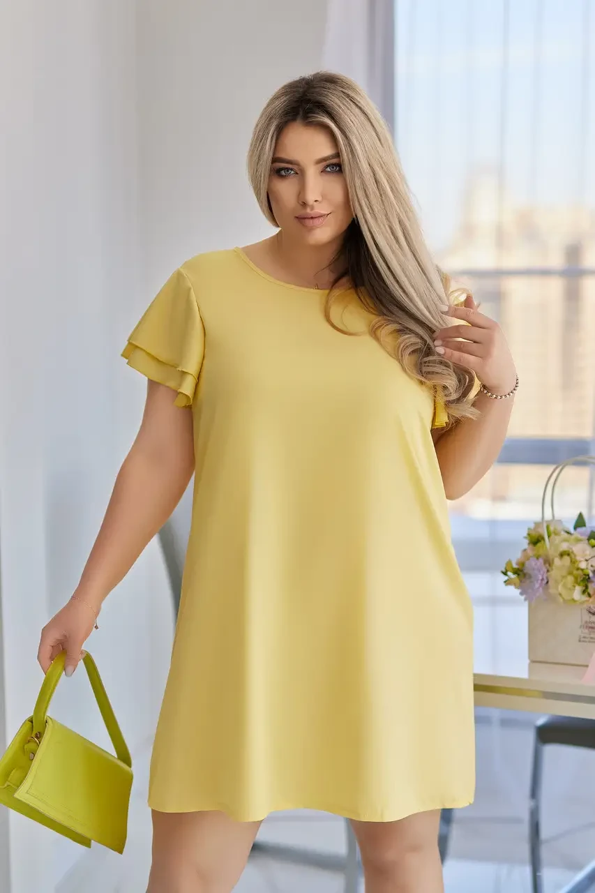 Жовте літнє плаття із софту з коротким рукавом з воланами, фото 1
