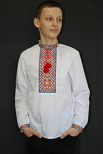 Підліткова вишита сорочка на хлопчика Філіп, біла, червона вишивка, поплін, на 10,11,12,13,14,15 років