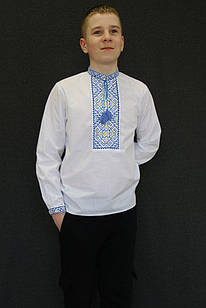 Підліткова вишита сорочка на хлопчика Філіп, біла, синій колір вишивки, поплін, на 10,11,12,13,14,15 років