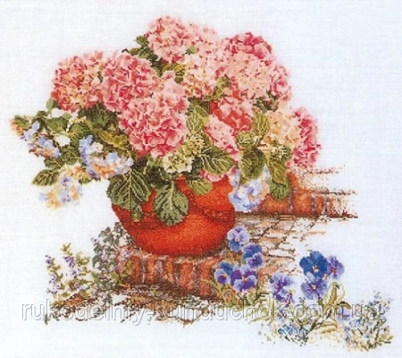 Набір для вишивання хрестиком "Hydrangea & Pansies LINEN//Гортензії та братки" Thea Gouverneur T2078, фото 1
