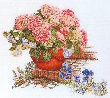 Набір для вишивання хрестиком "Hydrangea & Pansies LINEN//Гортензії та братки" Thea Gouverneur T2078