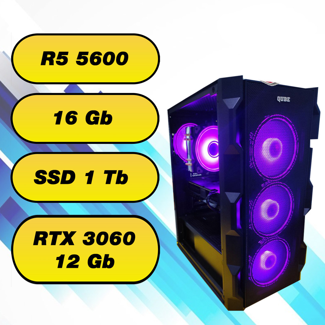 Игровой компьютер / ПК  AMD Ryzen 5 5600  (6 x 4.4 GHz) + 16Gb DDR4  + SSD 1000 Gb + RTX 3060 12Gb