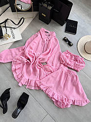 Стильний жіночий літній легкий базовий бавовняний костюм трійка комплект шорти топ сорочка муслін