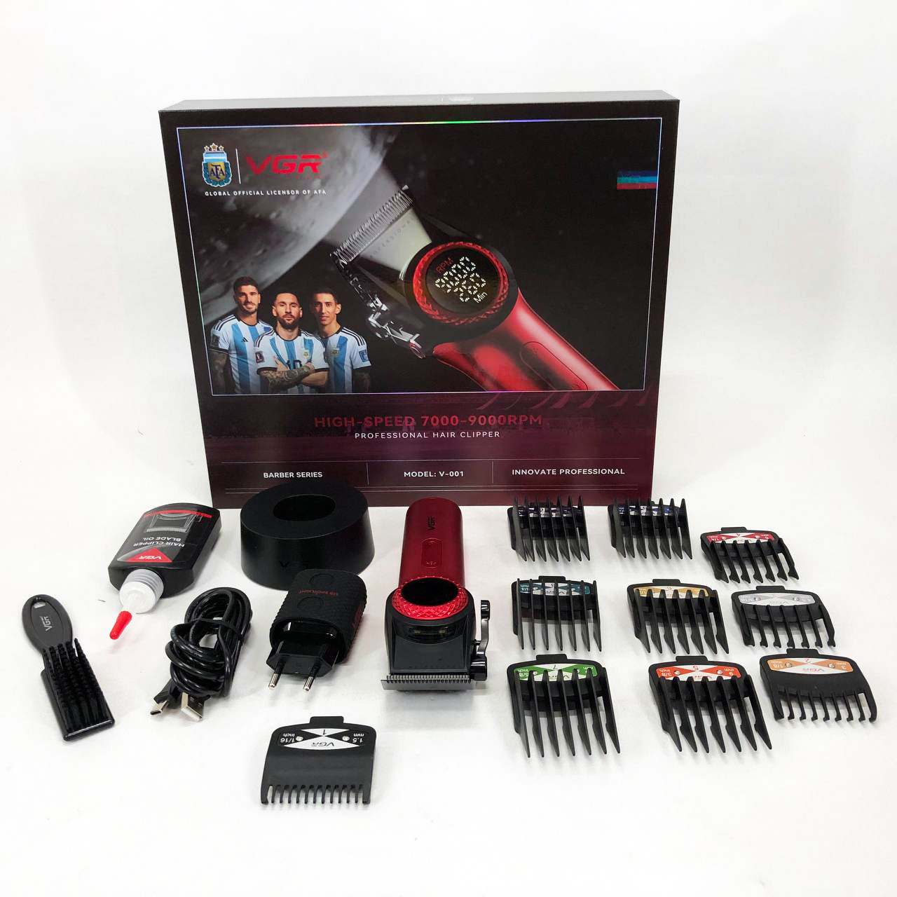 Професійна машинка для стриження волосся VGR V-001 RED з дисплеєм 9000 об і 10 насадками (1,5-24 мм)