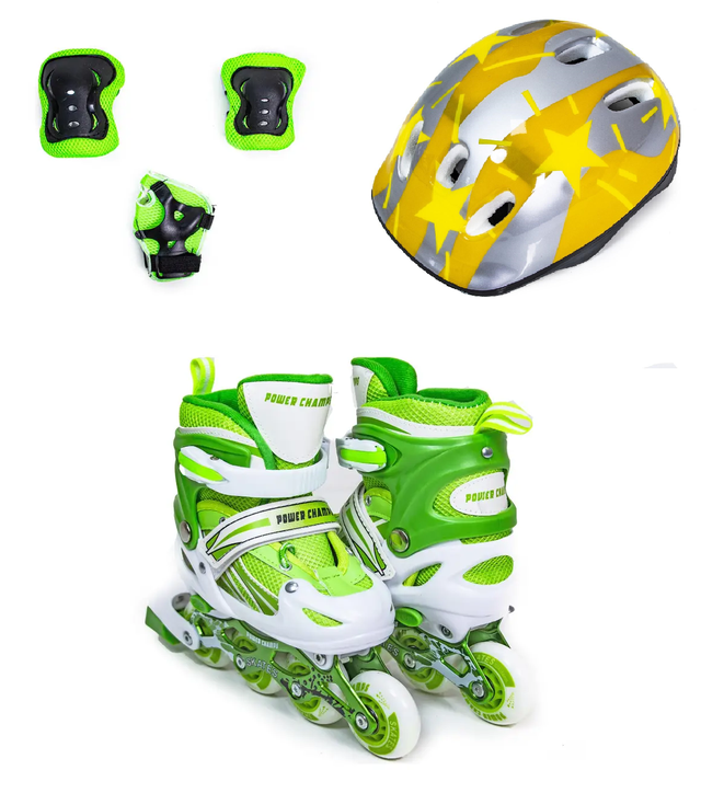 Набір роликів із захистом та шоломом Power Champs. Переднє колесо з підсвічуванням. Зелений колір. Розміри 29-33 / 34-38 Набір роликів із захистом та шоломом Power Champs. Переднє колесо з підсвічуванням. Зелений колір. Розміри 29-33 / 34-38