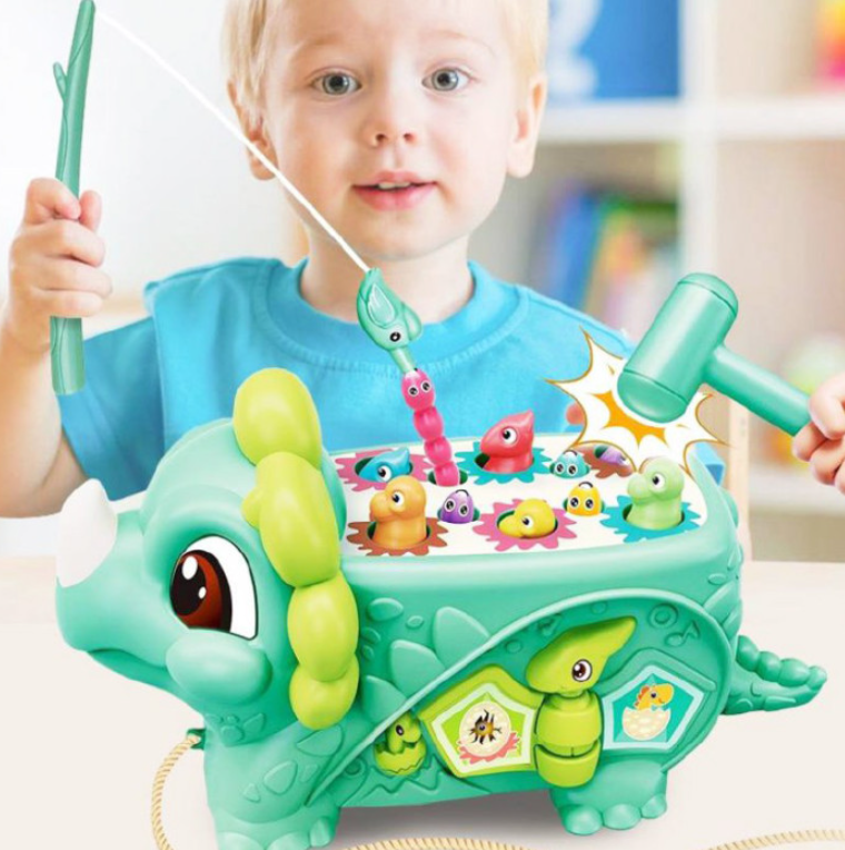 Розвивальна іграшка 5 в 1 динозавр Дитяча гра стукачка каталка магнітна рибалка пальчикові ігри 2 кольори, фото 1