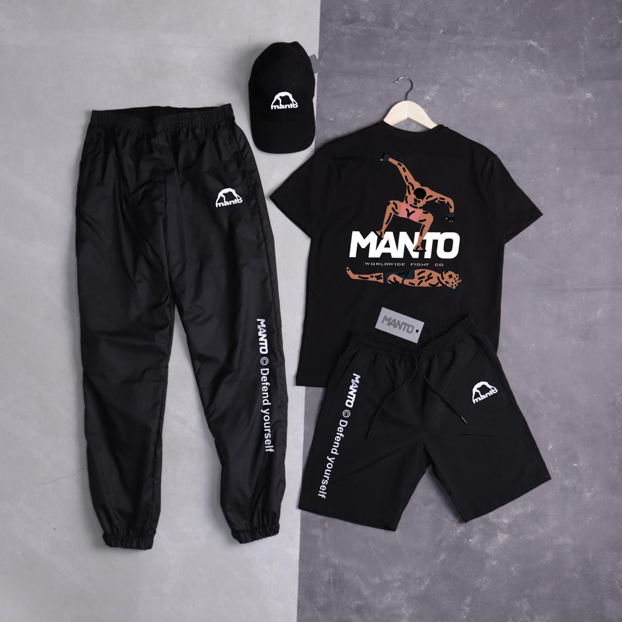 Чоловічий літній костюм Manto Stomp Футболка + Штани + Шорти + Кепка чорний Комплект Манто