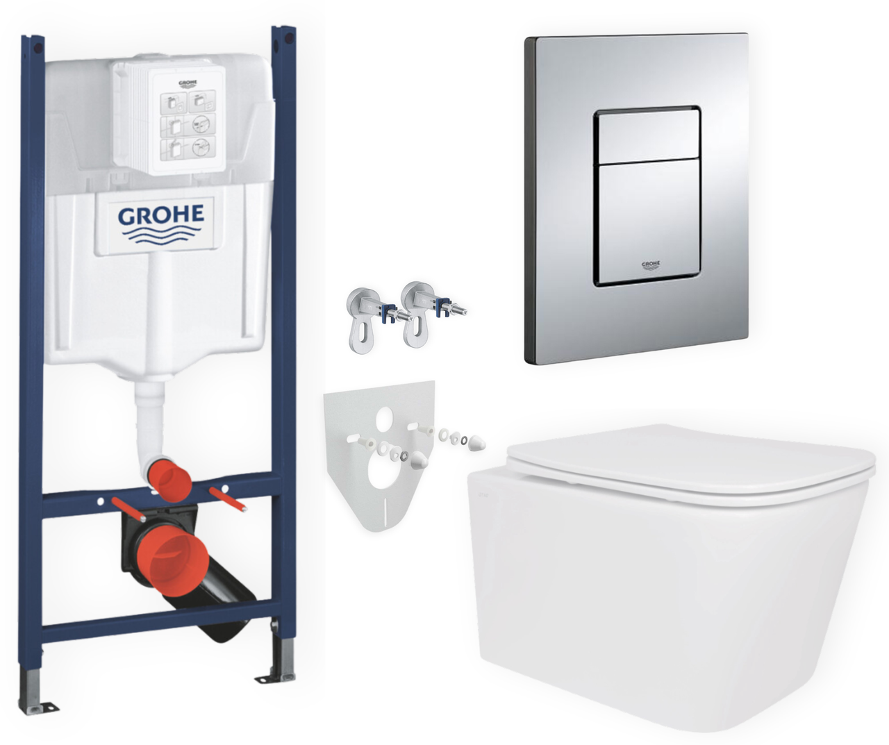 Комплект 5в1: інсталяція Grohe + безобідковий підвісний унітаз Crow, білий + клавіша хром глянцева