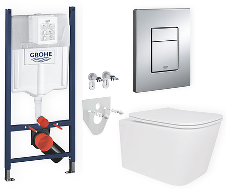 Комплект 5в1: інсталяція Grohe + безобідковий підвісний унітаз Crow, білий + клавіша хром глянцева, фото 1