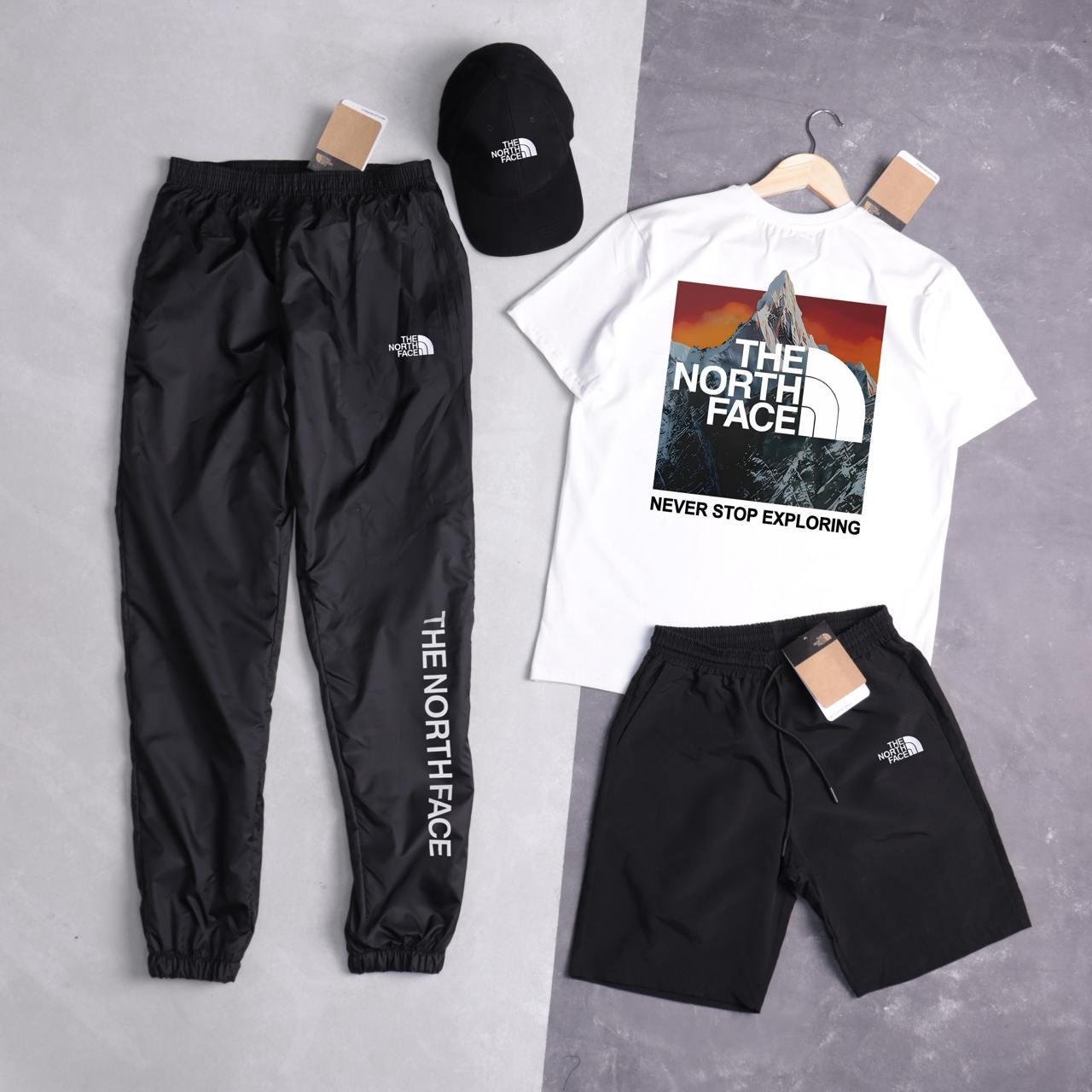 Чоловічий літній костюм The North Face Футболка + Штани + Шорты + Кепка білий комплект Зе норт фейс