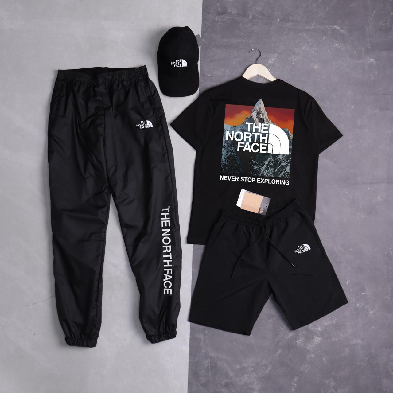 Чоловічий літній костюм The North Face Футболка + Штани + Шорти + Кепка чорний комплект Зе норт фейс