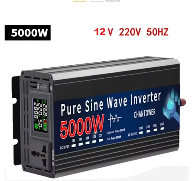 Інвертор 12В в 220В  PURE SINE 5000W з розеткою, чистий синус, для котла та інших приладів, 220V 50Hz