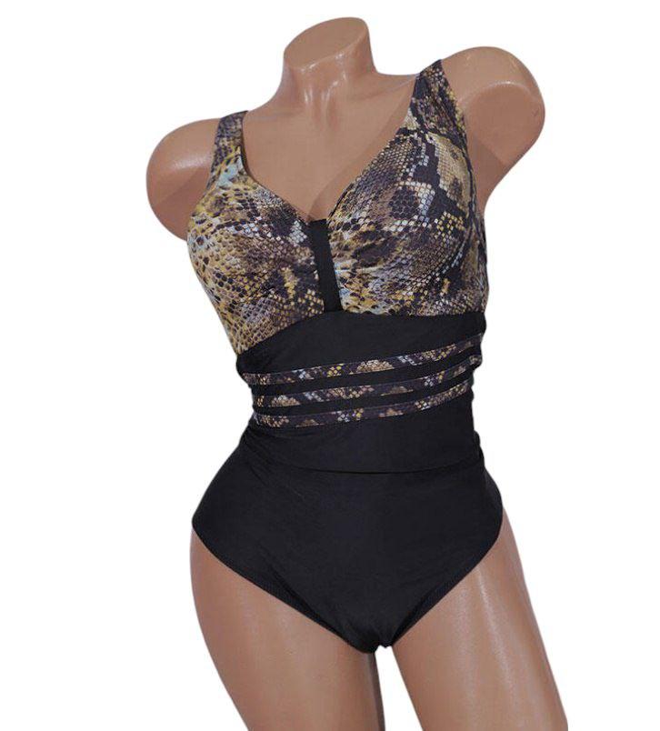 Купальник жіночий суцільний чорний із зміїним принтом розмір 52, фото 1
