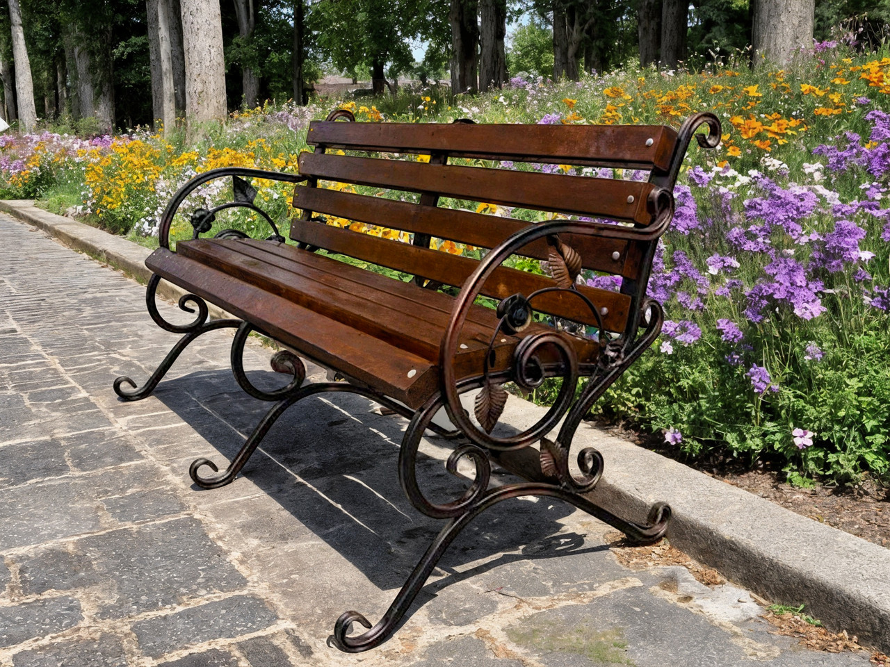 Лавка садова кована Tobi Sho Камелія з підлокітниками 200 см колір каштан, фото 1