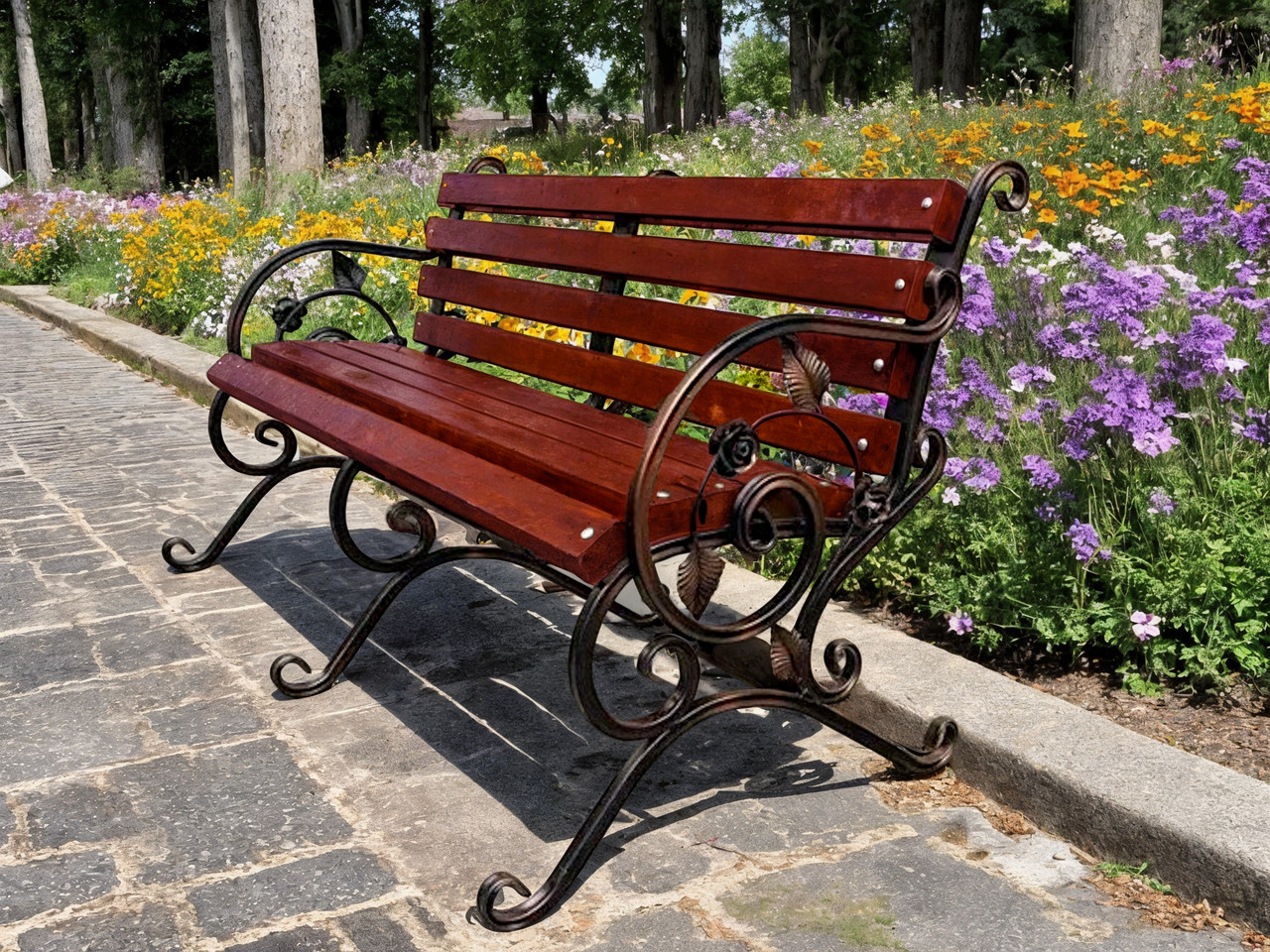 Лавка садова кована Tobi Sho Камелія з підлокітниками 200 см колір махагоній, фото 1