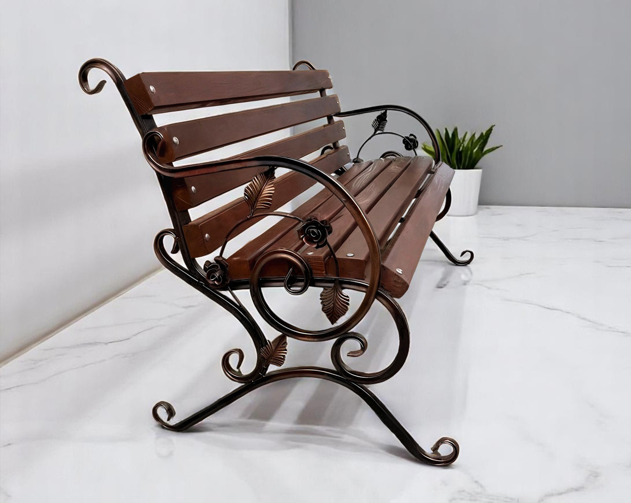 Лавка садова кована Tobi Sho Камелія з підлокітниками 130 см колір каштан, фото 1