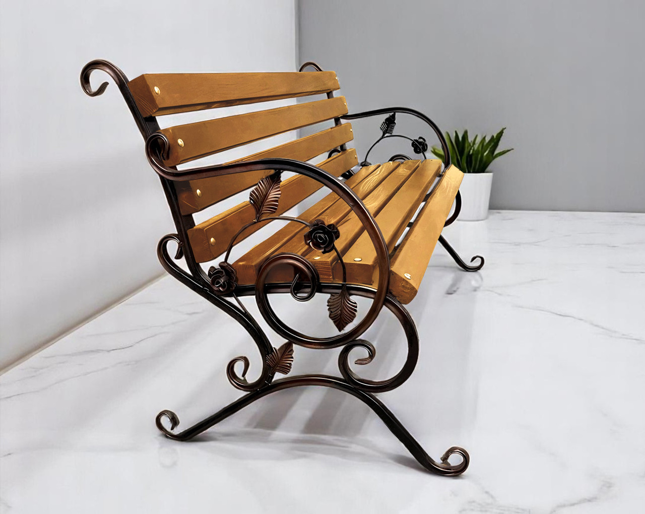 Лавка садова кована Tobi Sho Камелія з підлокітниками 150 см колір дуб, фото 1