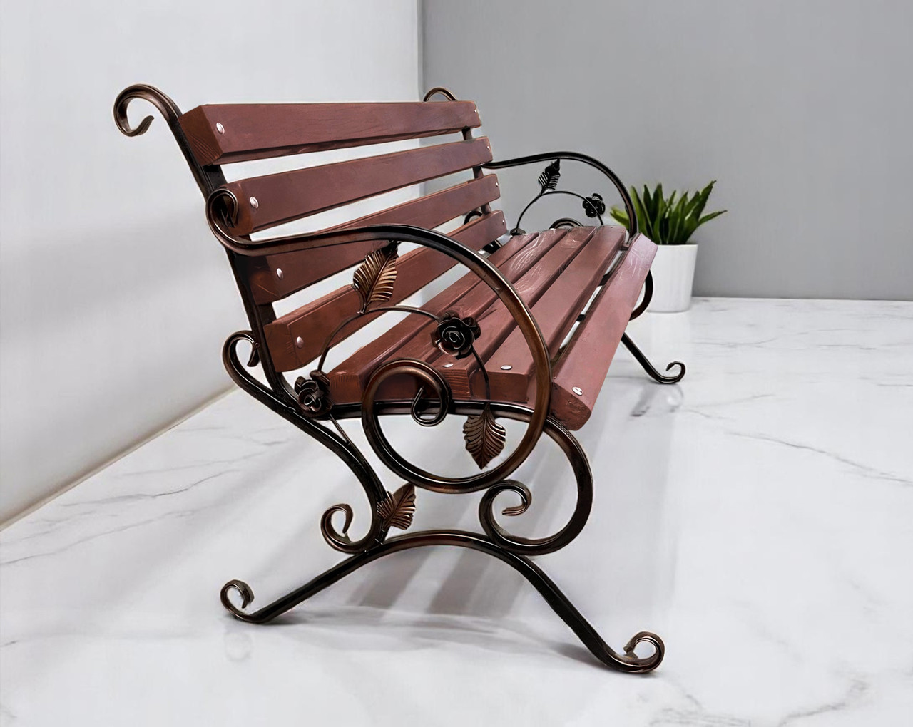 Лавка садова кована Tobi Sho Камелія з підлокітниками 170 см колір черешня, фото 1