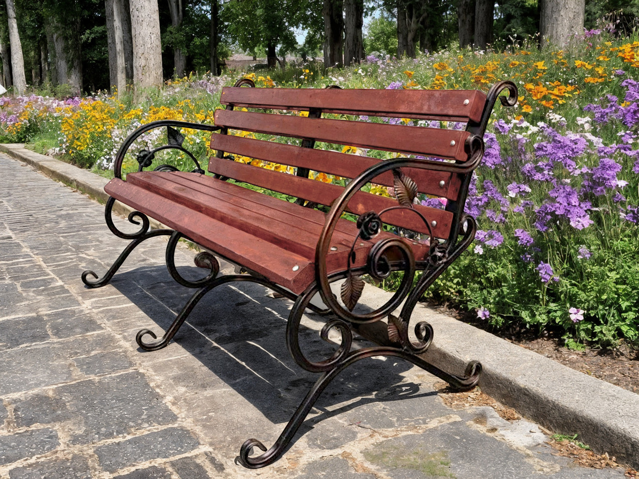 Лавка садова кована Tobi Sho Камелія з підлокітниками 220 см колір черешня, фото 1