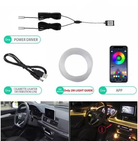 Оптична універсальна стрічка 2 метри 2 діода LED RGB підсвічування салону автомобіля з блютуз керуванням