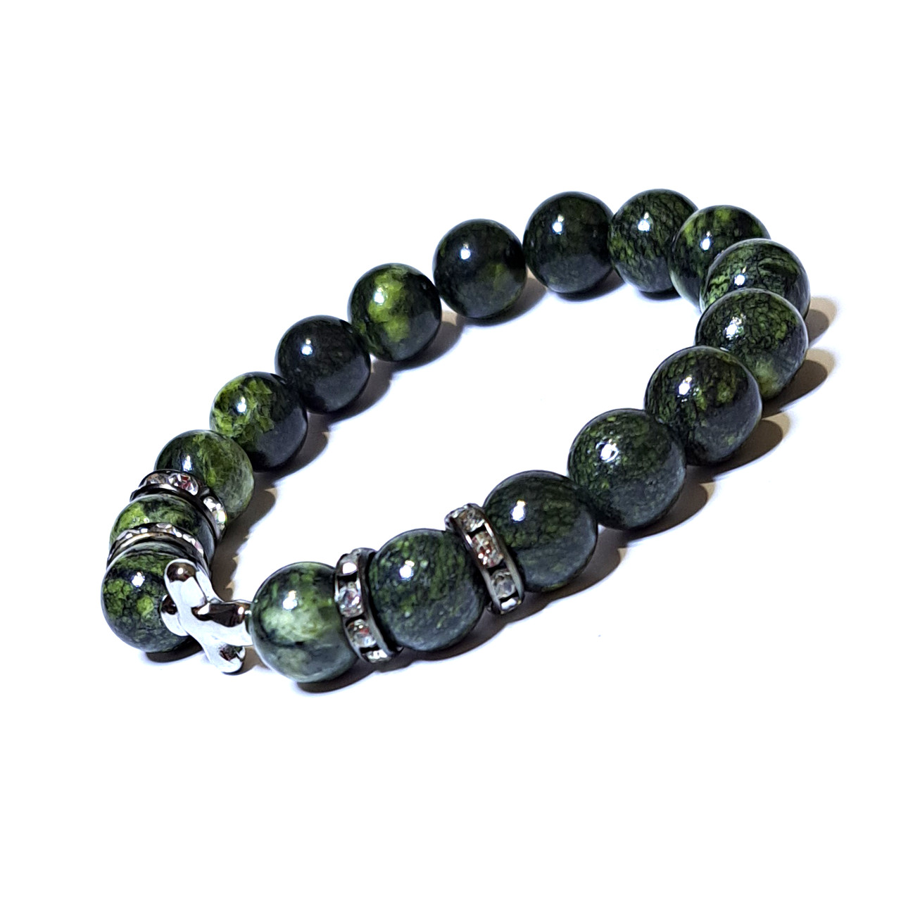 Браслет із натурального каменю змійовик. Диаметр намистин 10 мм, фото 1