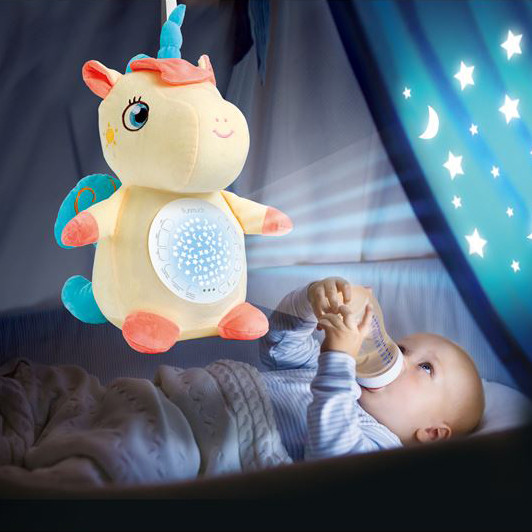 М'яка іграшка нічник Єдиноріг / Заспокійливий світильник проектор неба немовляті грає колискові з таймером, фото 1