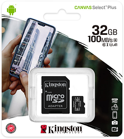 Карта пам'яті Kingston microSDHC 32GB Canvas Select Plus Class 10 UHS-I U1 V10 A1 + SD-адаптер (SDCS2/32GB)