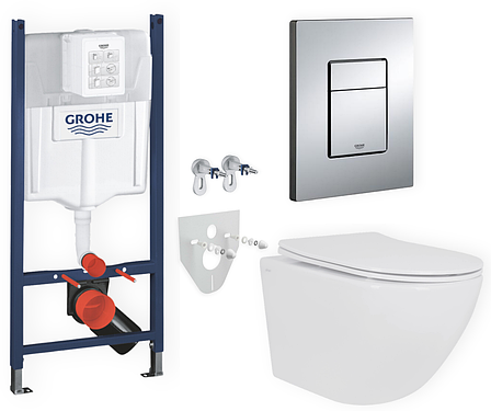 Комплект 5в1: інсталяція Grohe + безобідковий підвісний унітаз Jay, білий + клавіша хром глянцева, фото 1