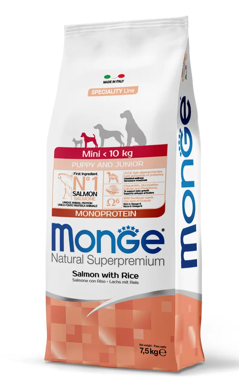 Сухий корм для цуценят дрібних порід Monge (Монж) Dog Mini Puppy & Junior з лососем та рисом 7.5 кг, фото 1