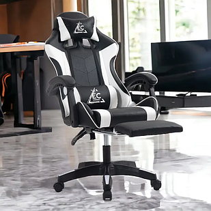 Ігрове крісло з підголівником, поперековою подушкою та підставкою для ніг KO24B (біле з чорним)