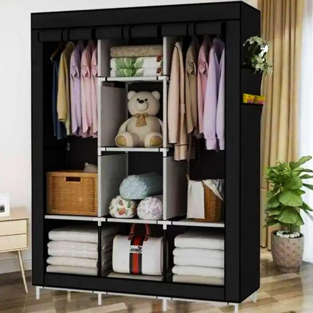 Шафа тканинна 3 секції складана з каркасом STORAGE WARDROBE 175 х 130 х 45 см. HR-672 Колір: чорний
