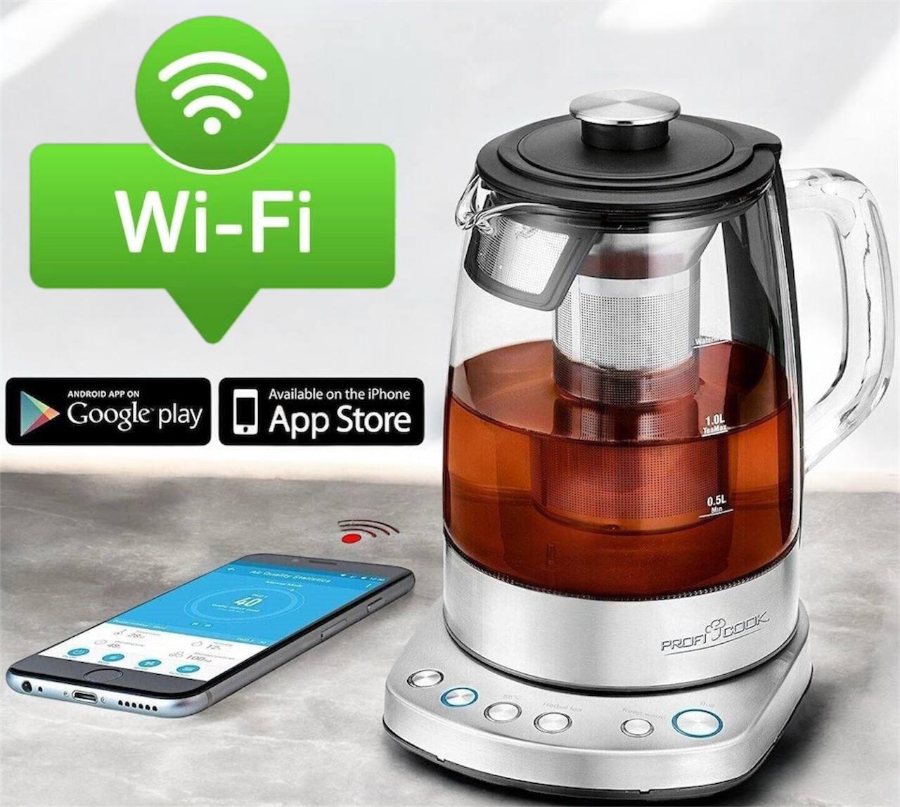 Електрочайник-заварник 1,5 л 2200 Вт Profi Cook PC-WKS 1167 скляний чайник з Wi-Fi і функцією заварювання, фото 1