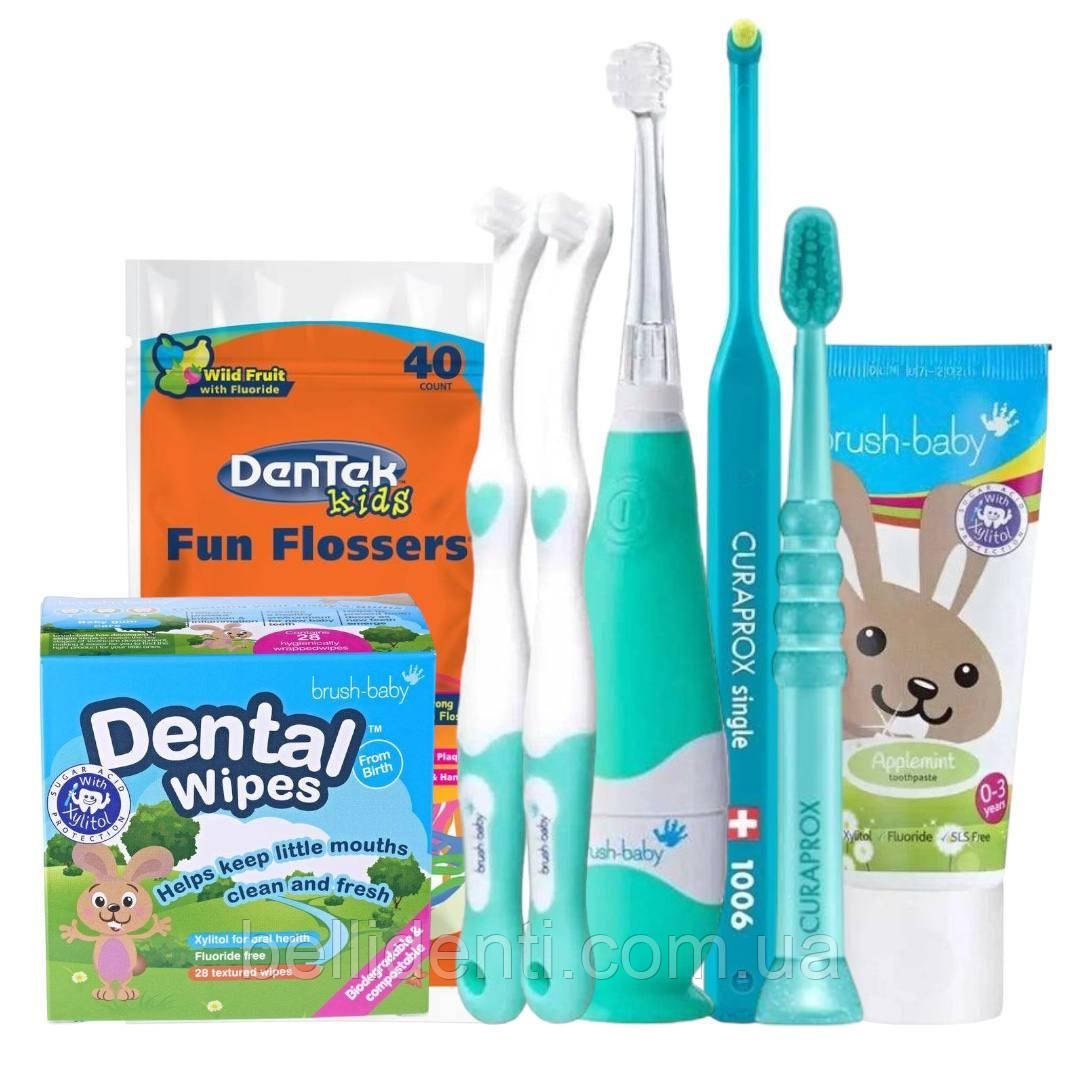 Набір для перших зубів по рекомендації lesia_sher (щітки, паста, серветки, флоси), 7 одиниць