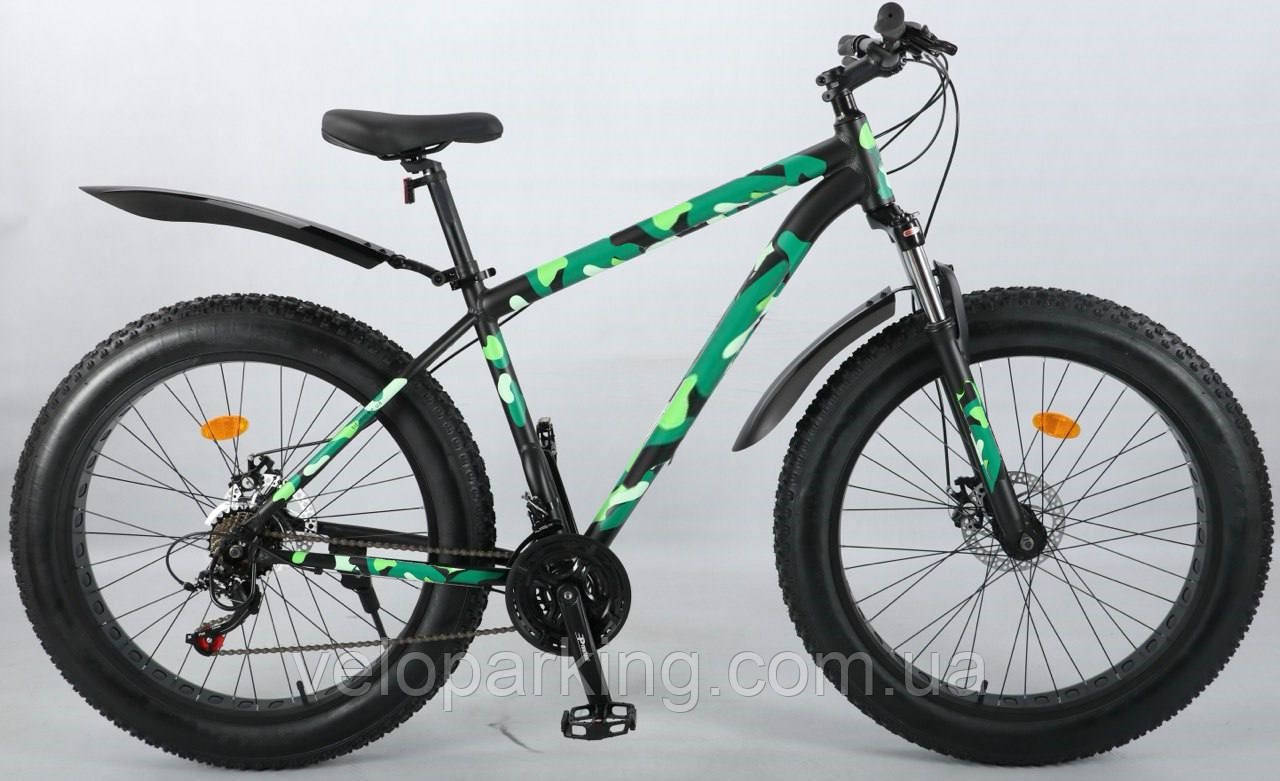 Фетбайк алюмінієвий 26/4.0 Kayot з амортизатором, позашляховик велосипед Shimano широкі колеса хакі камуфляж
