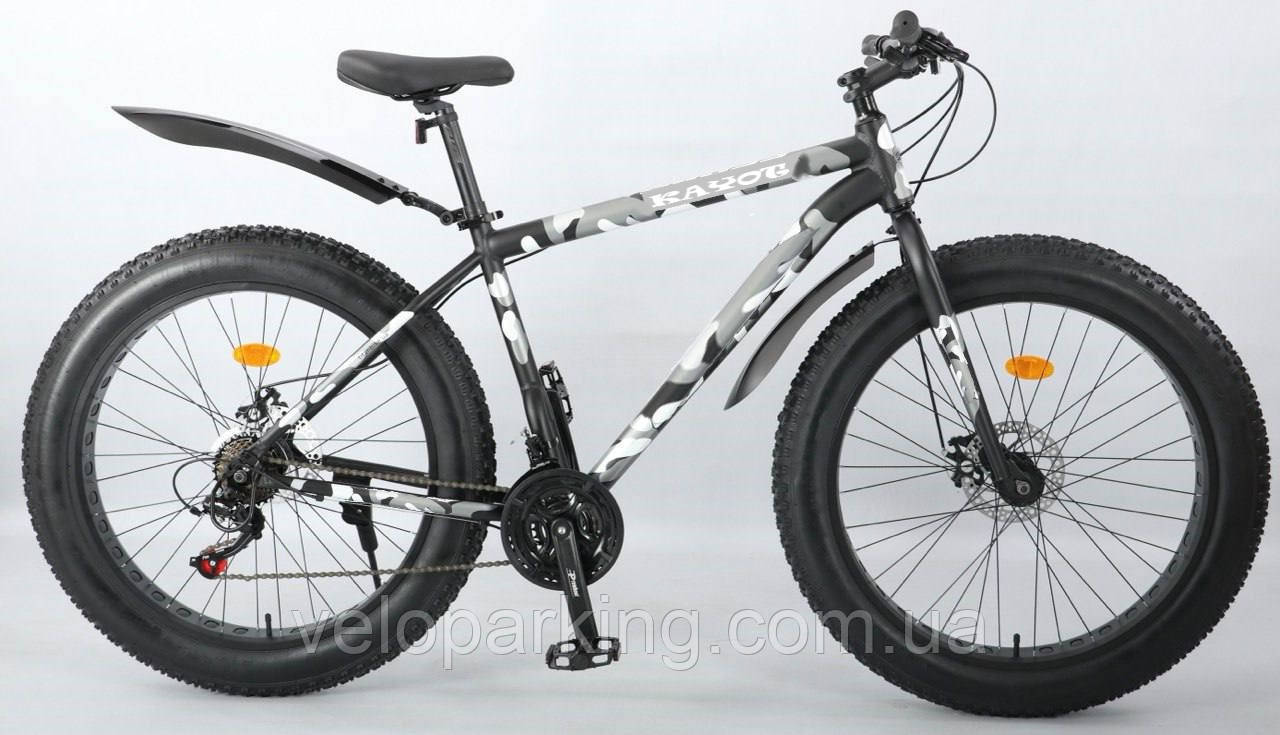 Фетбайк алюмінієвий 26/4.0 Kayot з амортизатором, позашляховик велосипед Shimano широкі колеса хакі камуфляж