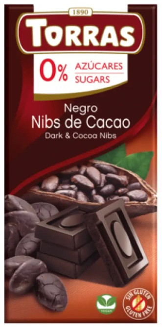 Шоколад Чорний без Сахара Torras з Шматочками Какао Cocoa Nibs 75 г Іспанія (12 шт/1 уп)