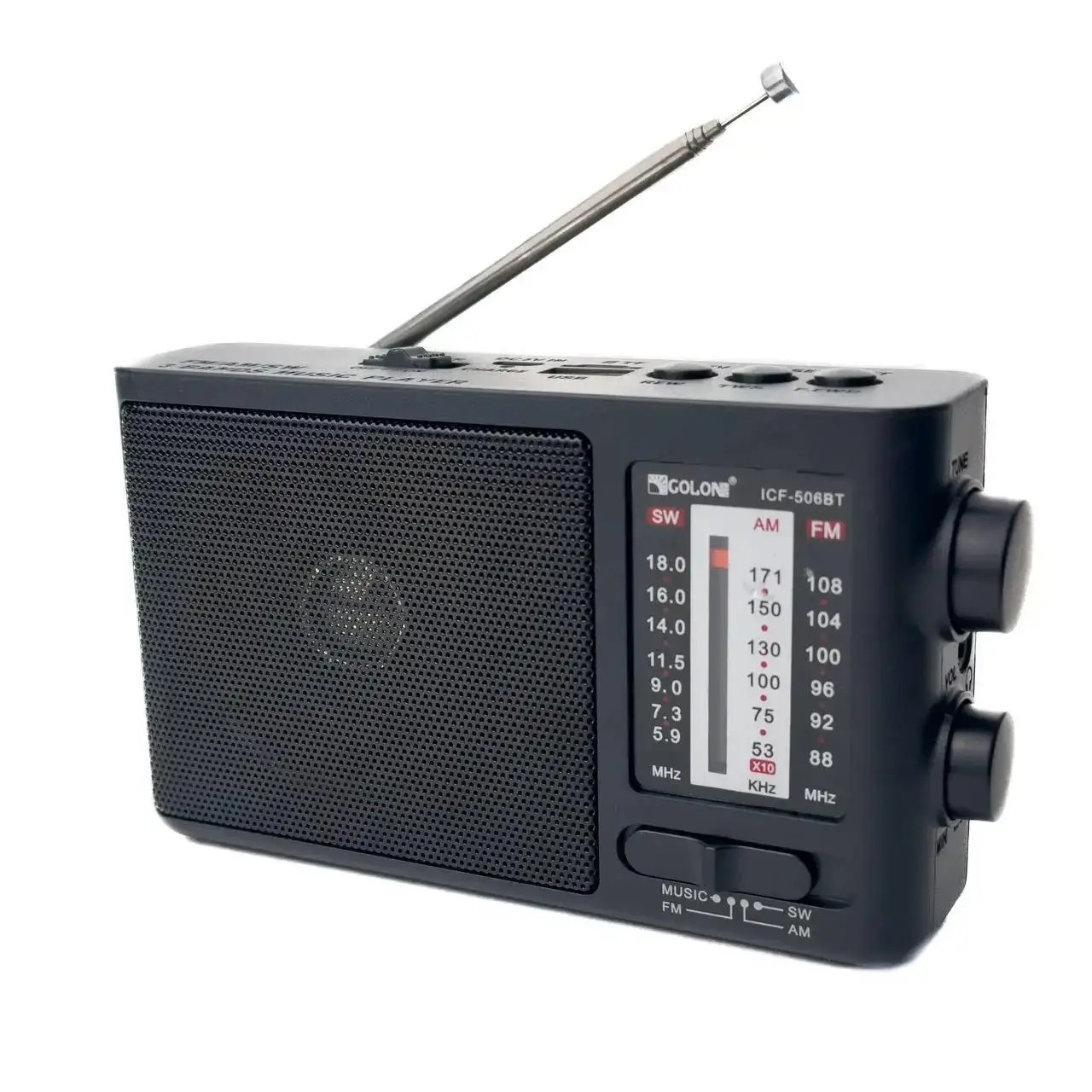 Радіоприймач портативний Golon ICF-506BT з USB і SD/ Портативне радіо на акумуляторі