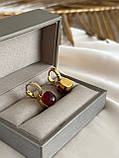 Сережки Помелато червоний камінь циркони позолоту 18 К/гвинтові сережки з червоним каменем, фото 3