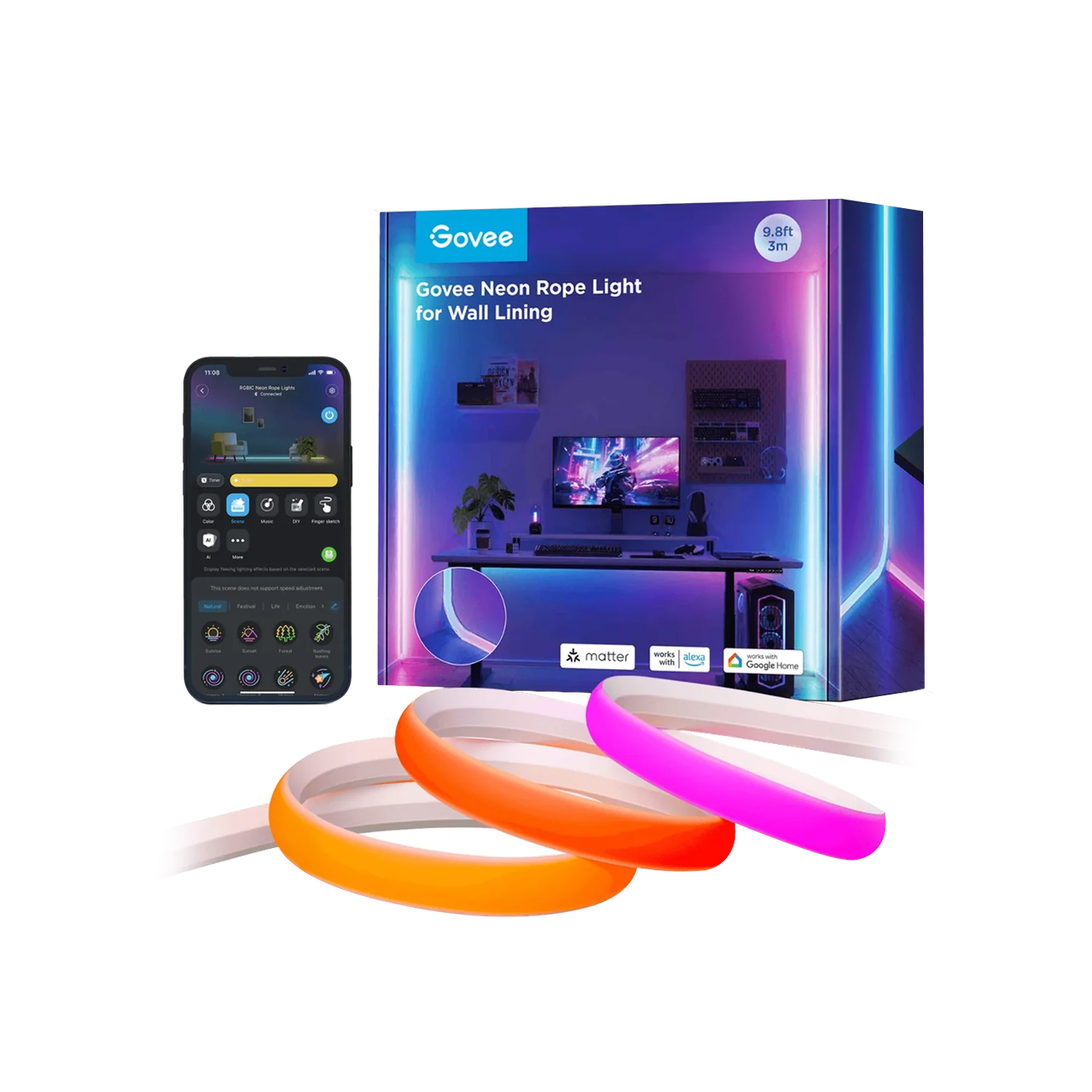 Розумна гнучка неонова LED стрічка 5 метрів Govee Neon Rope Lights для стін Wi-Fi + Bluetooth Matter (H6641), фото 1