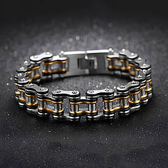 Чоловічий браслет RESTEQ з нержавіючої сталі у вигляді мотоциклетного ланцюга, чорний-золото-сріблястий