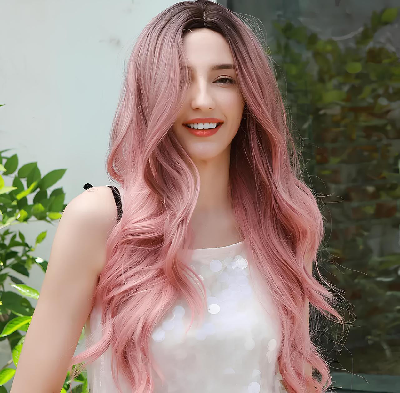 Довга перука RESTEQ 70 см — чорна із рожевим градієнтом, хвилясте синтетичне волосся без чубчика для косплею, аніме та фотосесій, фото 1