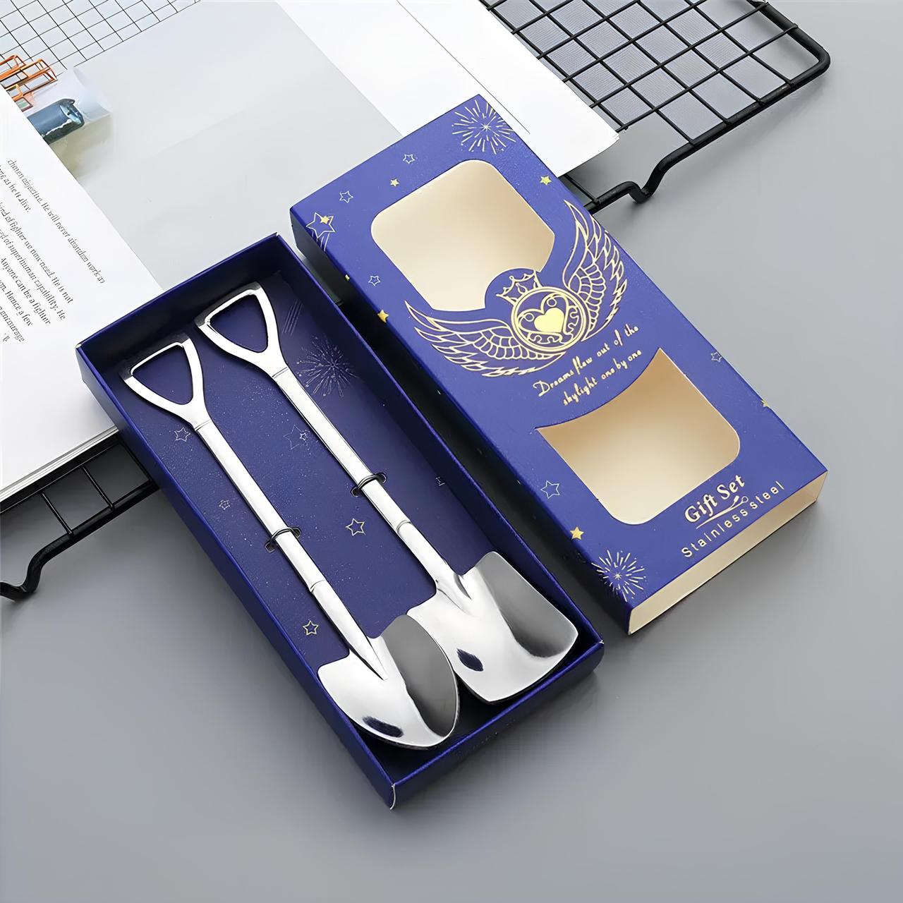 Набір чайних ложок RESTEQ у вигляді лопати з нержавіючої сталі, 2 шт, стильні сріблясті ложки, фото 1