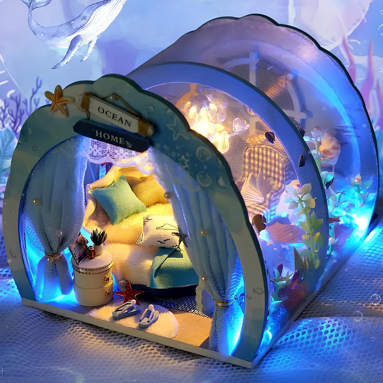 Ляльковий будиночок Ocean house RESTEQ із підсвічуванням 16х18х14.5 см. Румбокс. Конструктор - мініатюрний ляльковий будиночок,, фото 1