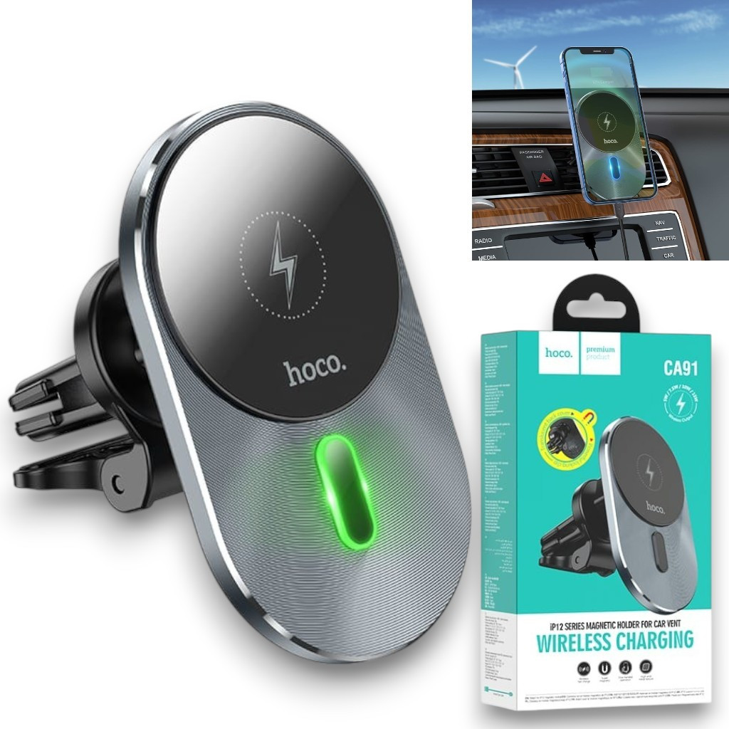 Автотримач з бездротовою зарядкою HOCO CA91 з Magsafe 15W кріплення на дефлектор, срібний