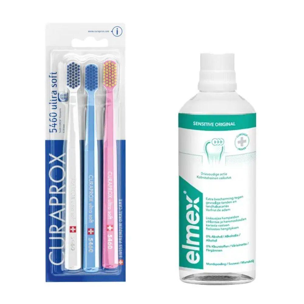 Набір зубних щіток Curaprox CS 5460/3 Ultra Soft d 0,10 мм (3 шт.) + ополіскувач ELMEX Sensitive Original для чутливих зубів