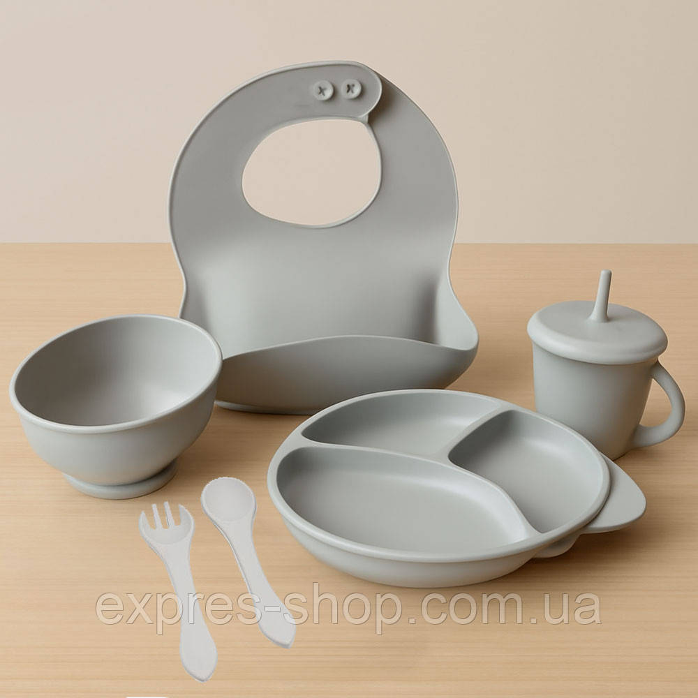 Набір дитячого посуду для годування, 6 предметів, СІРИЙ / Набір дитячого силіконового посуду, фото 1